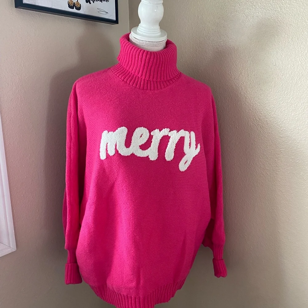 SHEIN Bright Pink Turtleneck Dolman Sweater with white 'Merry' Design, Sz. 1X